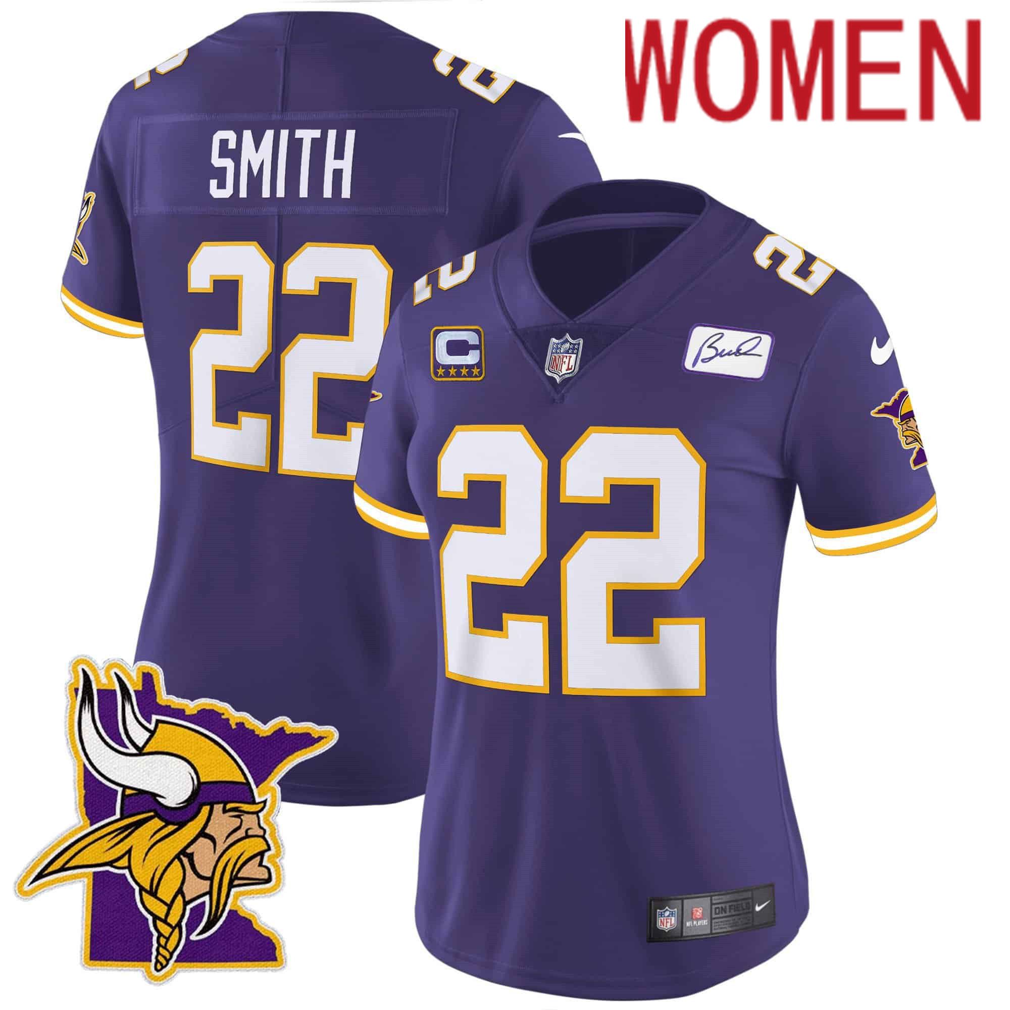 Women Minnesota Vikings 22 Smith Purple 2024 Nike Patch Classic Limited NFL Jersey style 1